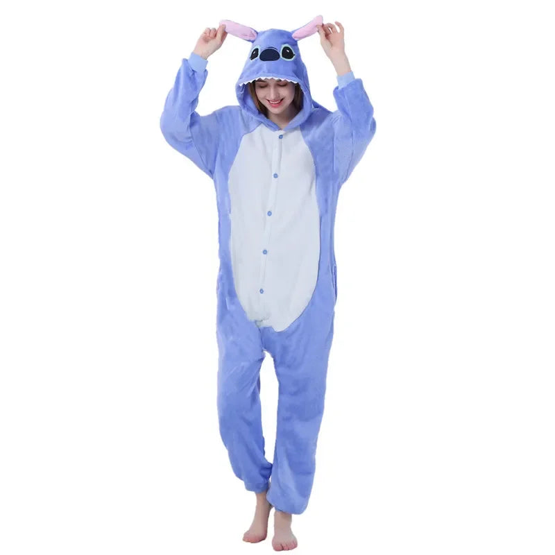 MINISO Stitch Winter Adult Animal Pink Blue Stitch Pajama Flannel Onesie Cosplay Homewear Christmas Pyjamas With Zipper Kigurumi