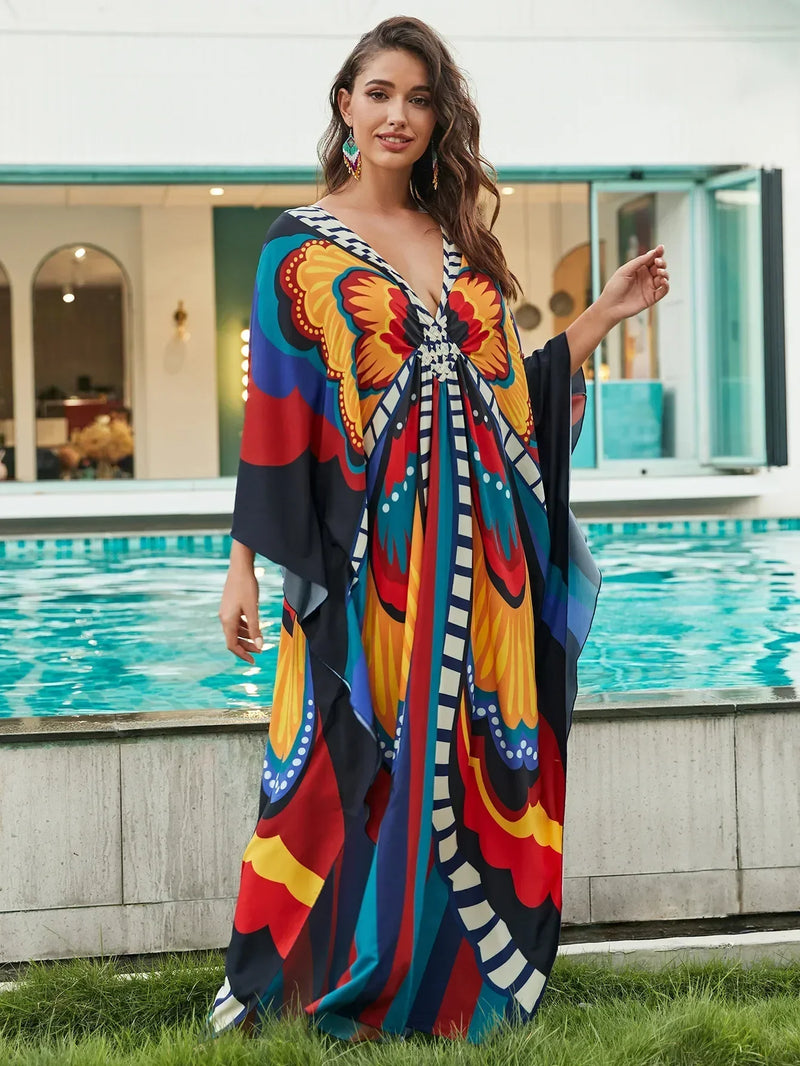 Women Ethnic Print Kaftan Beach Dress Bathing Suit Plus Size Swimsuit Cover Up Beachwear