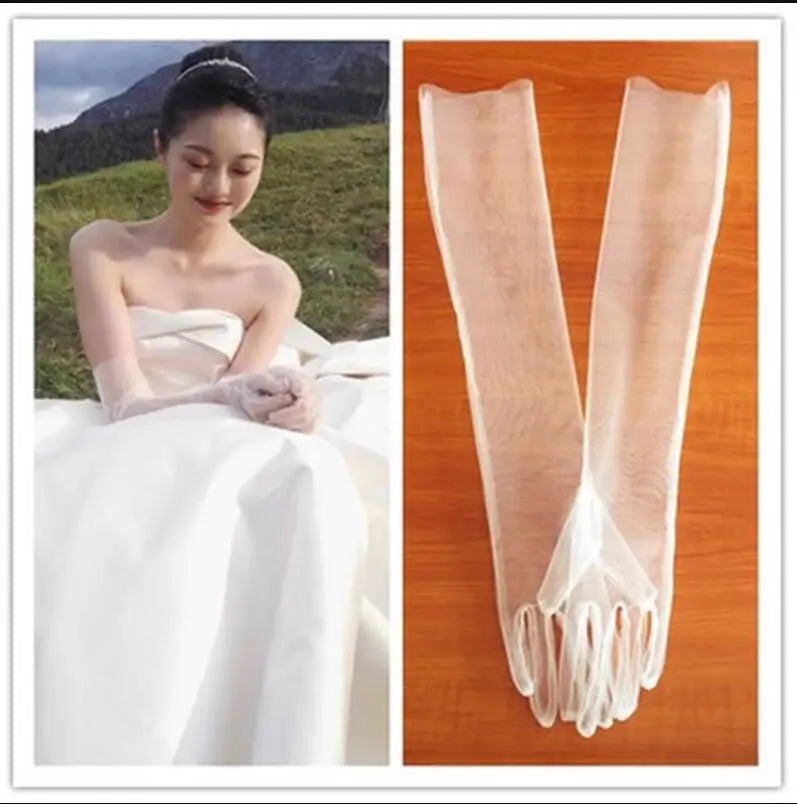 Long Tulle Bridal Dress Gloves Simple Five Finger One Pair Bride Glove See Through Wedding Gloves