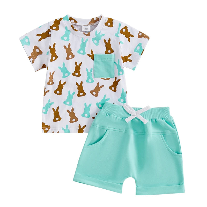 Toddler Boy Easter Outfit Bunny Print Short Sleeve T-shirt and Solid Shorts with Pockets 2 Piece Set for Baby Boys
