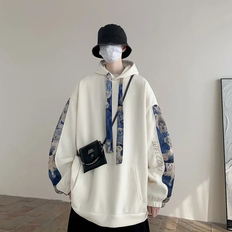 Korean Style Streetwear Men Hooded Sweatshirt Trendy Side Embroidery Design Loose Hoodie Casual Drawstring Hoodies
