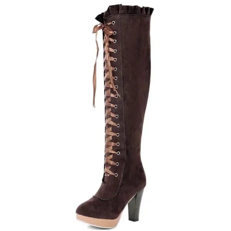 2025 Autumn Winter Sexy Lace Up Knee-high Boot Women's High Boots Female Shoes Boots Women High Heels Leather Woman Boot