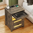 Farmhouse Night Stand with Gun Drawer, Bedside Table with Charger Station, LED Nightstand with Human Sensor Light，Customized