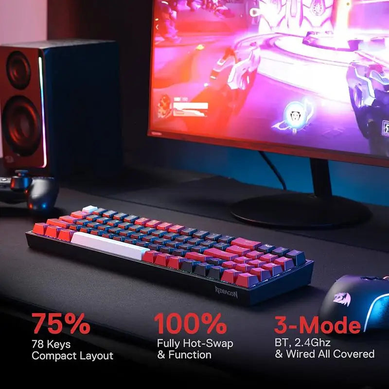 Redragon K628 PRO 75% 3-Mode Bluetooth 2.4Ghz Wireless RGB USB LED Gaming Keyboard 78 Keys Hot Swappable Compact Mechanical