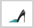 New Blue Black Serpentine Fine Heel, Pointed Shallow Mouth Splicing, Sexy and Versatile Women's High Heels
