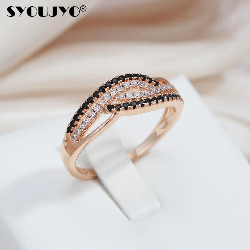 585 Rose Gold Color Rings For Women With White Black Natural Zircon Full Paved SYOUJYO Luxury Trendy Jewelry Easy Matching