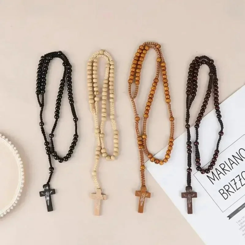 Hand Woven Jesus Christ 9mm Wooden Beads Cross Pendant Rosary Beads Necklace For Religious Orthodox Prayer Jewelry Wholesale