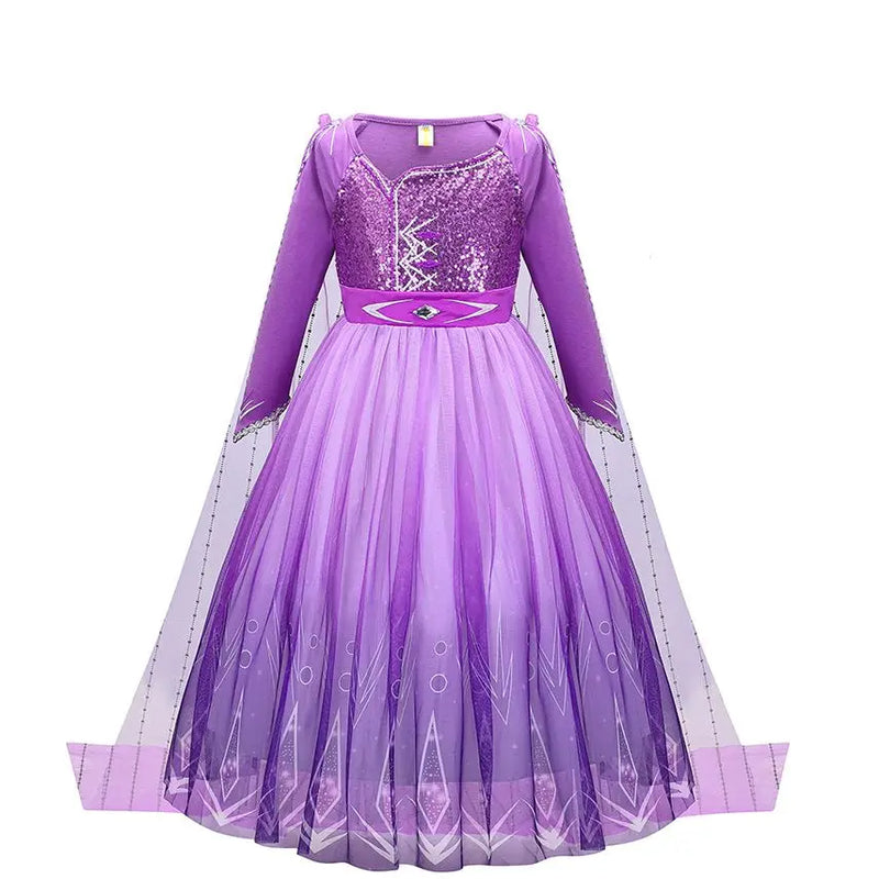 Girl Elsa Dress Princess Cosplay Purple Sequins Mesh Halloween Long Sleeves Ball Gown Birthday Party Carnival Costume