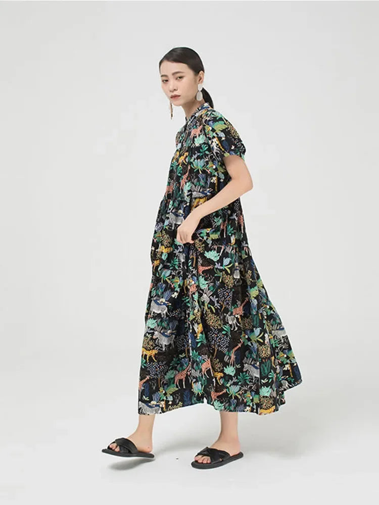 XITAO Cartoon Print Pattern Dress Women 2020 Summer Casual Fashion New Style Temperament  Stand Collar Short Sleeve Dress ZP1346