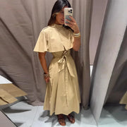 Women Trench Style Midi Dress Stand Collar Cape Overlay Short Sleeve Belted Waist A‑Line Dresses Autumn Elegant Office Outfits