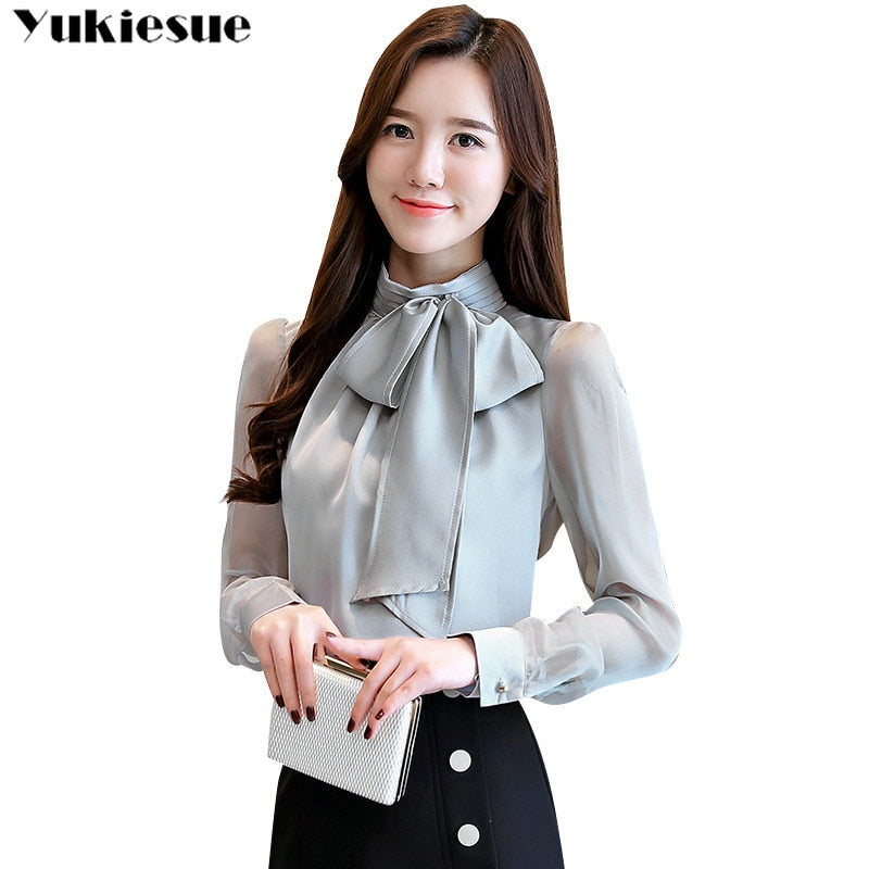 2022 New Summer Fashion Tunic Women Blouse Shirts Long Sleeve Tie Bow Chiffon Turtleneck Formal Women White Black Shirts