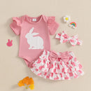 Adorable Baby Easter Outfit with Bunny Print Short Sleeve Romper Ruffled Shorts and Matching Headband - 3 Piece Set for Girls