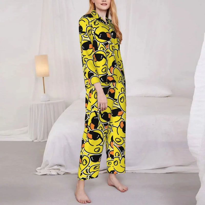 Pajamas Female Yellow Classic Ducks Daily Sleepwear Animal Two Piece Retro Pajama Sets Long Sleeve Elegant Oversize Home Suit