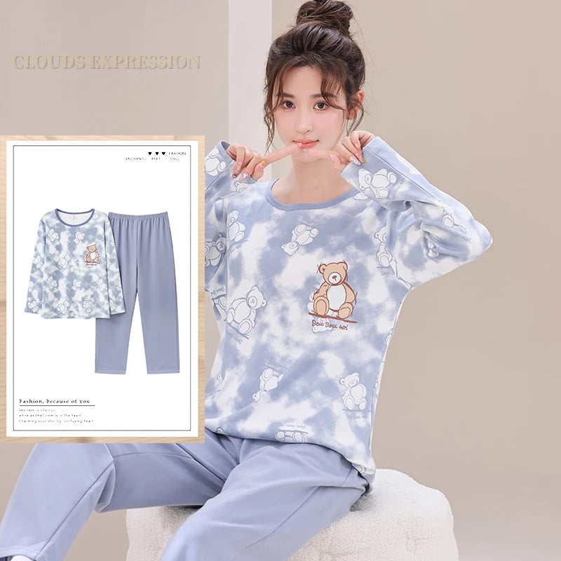 Autumn Nightwear Kawaii Girls PJ Young Women Pajama Sets Pyjamas Femme Cartoon Sleepwear Female Loungewear Pijama Mujer Homewear