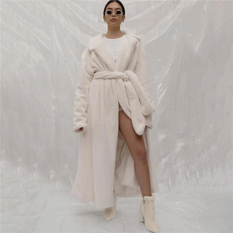 Solid Color Faux Fur Coat Women Long White Fluffy Warm d Coat Hood Lapel Sashes Loose Korean Fashion 2021 Outerwear