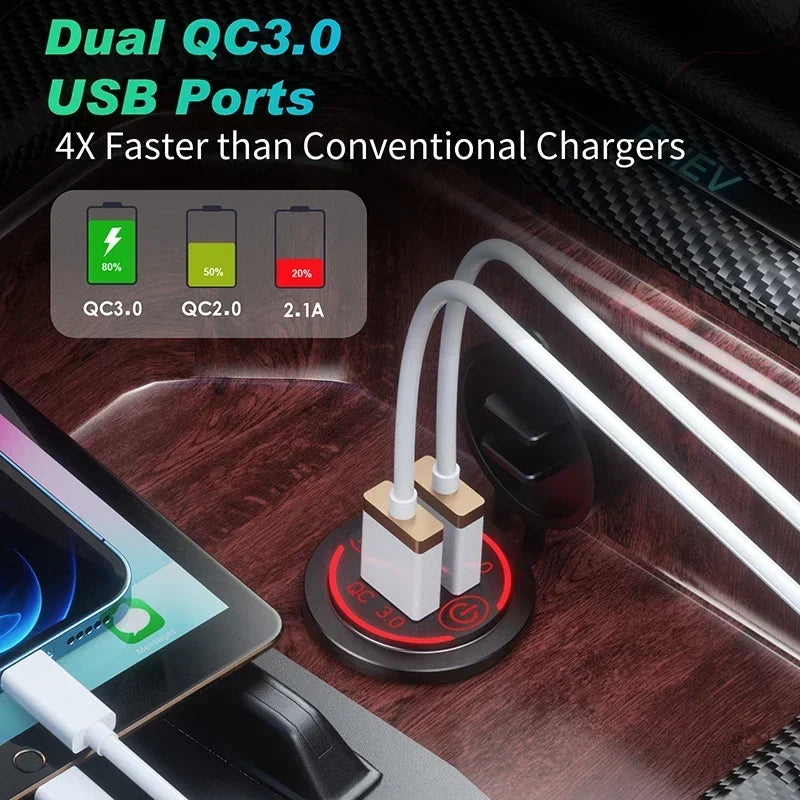 Quick Charge 3.0 Dual USB Fast Car Charger Socket Accessories Waterproof 12V/24V QC3.0 Power Outlet with Touch Switch&Led Light