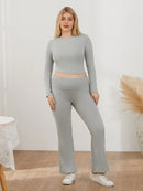 Women s Pants Outfits Solid Color Long Sleeve Boat Neck Crop Tops with Fold Over Trousers Set Streetwear