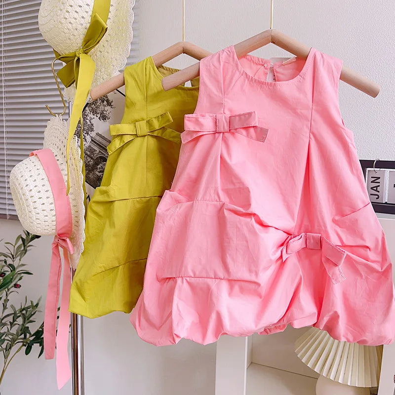 2023 Summer New Arrival Girls Sleeveless O Neck Bow Pink Green Cute Roupa Infantil Menina Cute Party Dress Custume 18M-7T