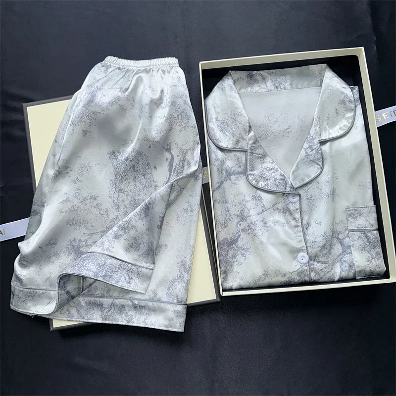 2 Pieces Print Sleepwear Faux Silk Satin Nightwear Pyjamas Fashion Casual Pajama Women Shorts Pajamas Set Ink Painting Outfits