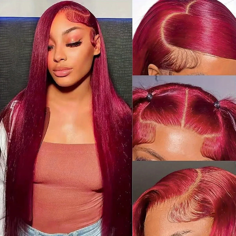 99J Reddish 13x6 HD Transparent Colored Human Hair Wigs Lace Front Human Hair Wigs Burgundy Colored Lace Frontal Human Wigs