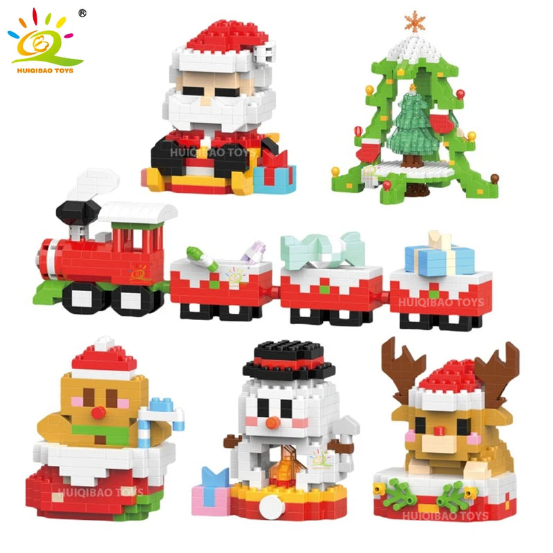 HUIQIBAO Christmas Tree Train Santa Claus Model Micro Building Blocks Elk Elves Snowman Mini Bricks Xmas Gifts Toys for Children