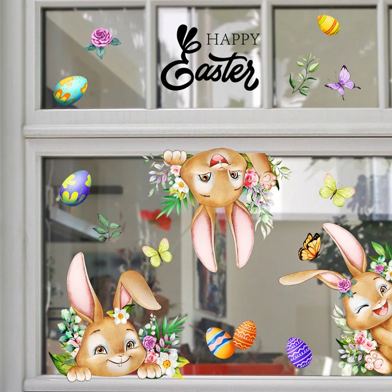 1Set Happy Easter Window Stickers Cartoon Rabbit Easter Eggs Flowers Butterfly Glass Sticker Spring Easter Home Decoration 2024