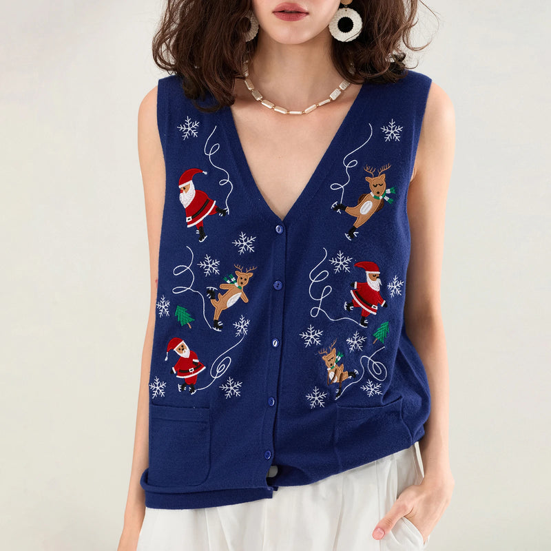 Fashion Women Christmas Sweater Vests Santa Claus Print Sleeveless Knit Cardigan Vest Christmas Holiday Tank Top Y2K Clothes