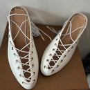 The Sorbonne | White Closed-Toe Kitten Heel Mule with Lace-Up Detail