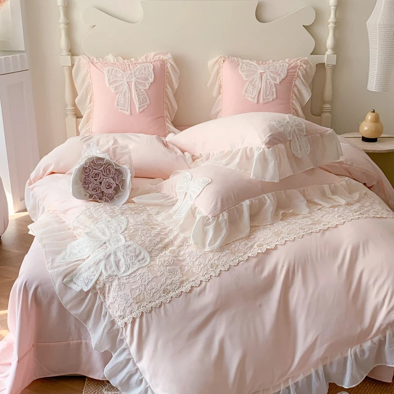 Korean Princess Bedding Set Coquette Lace Bow  Beauty Solid Color Lace Ruffle Comforter Sets Luxury Girls Wedding  Duvet Cover