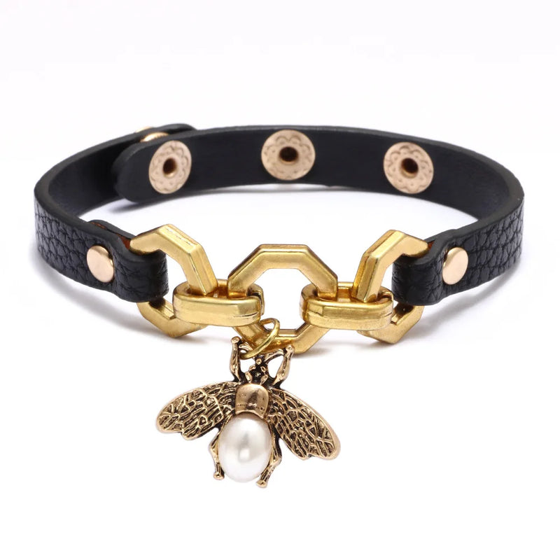 Charmsmic New Vivid Bee Pendant Charms Bracelets & Bangles For Women Punk Style Brown PU Leather Metal Button Jewelry 2024