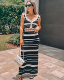 Tossy Striped Contrast Color Knitted Skirt Set 2-piece Summer Backless Casual Vest Top Women's Set 2-piece Sleeveless Skirt Set