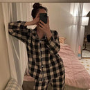 Ins Japanese Casual Pajamas Women's Autumn Thin Girl's Home Lapel Cardigan Two-piece Set Fashion Plaid Pyjamas Women Homewear