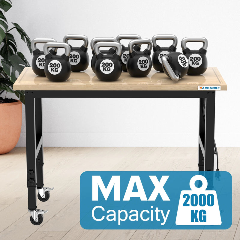 48" Heavy-Duty Adjustable Workbench with Brake Wheels,Hardwood Worktable Weight Capacity Over 2000 Lbs,Rubber Wood Workbench