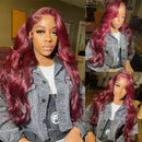200 Density 99J Burgundy Colored Body Wave Human Hair Wigs For Women 42 44 Inch 13x4 13x6 HD Transparent Lace Frontal Wigs