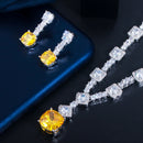Super Shiny Big Square Yellow Cubic Zirconia Stone Wedding Bridal Necklace Earrings Party Costume Jewelry Sets for Women T0726