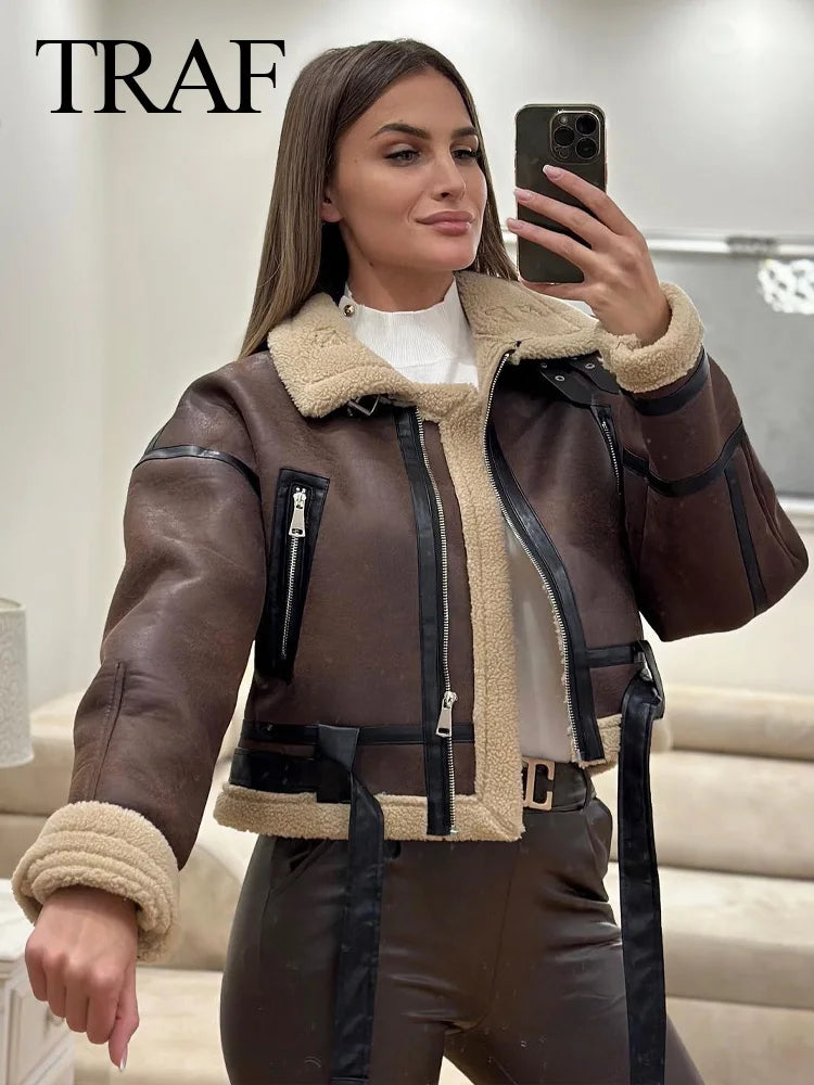 TRAFZA Winter Women's Belted Short Jacket Windbreaker Coat Fashion Retro Warm Thickened Long Sleeve Zipper Mujer Roupa Street