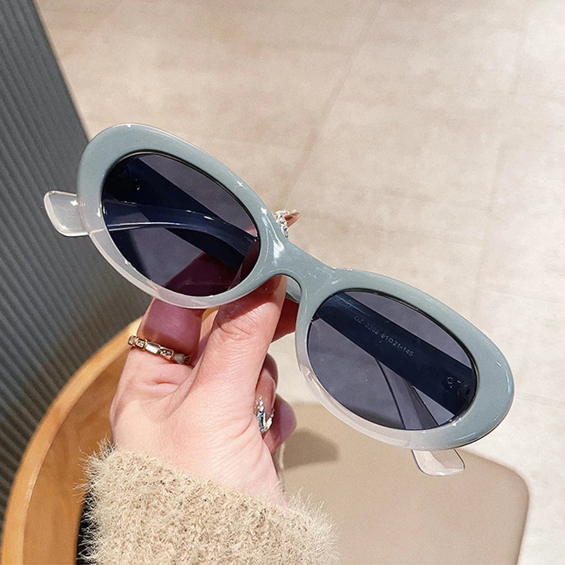 SO&EI Ins Popular Fashion Oval Sunglasses Women Retro Rivets Decoration Brand Designer Men Cat Eye Blue Sun Glasses