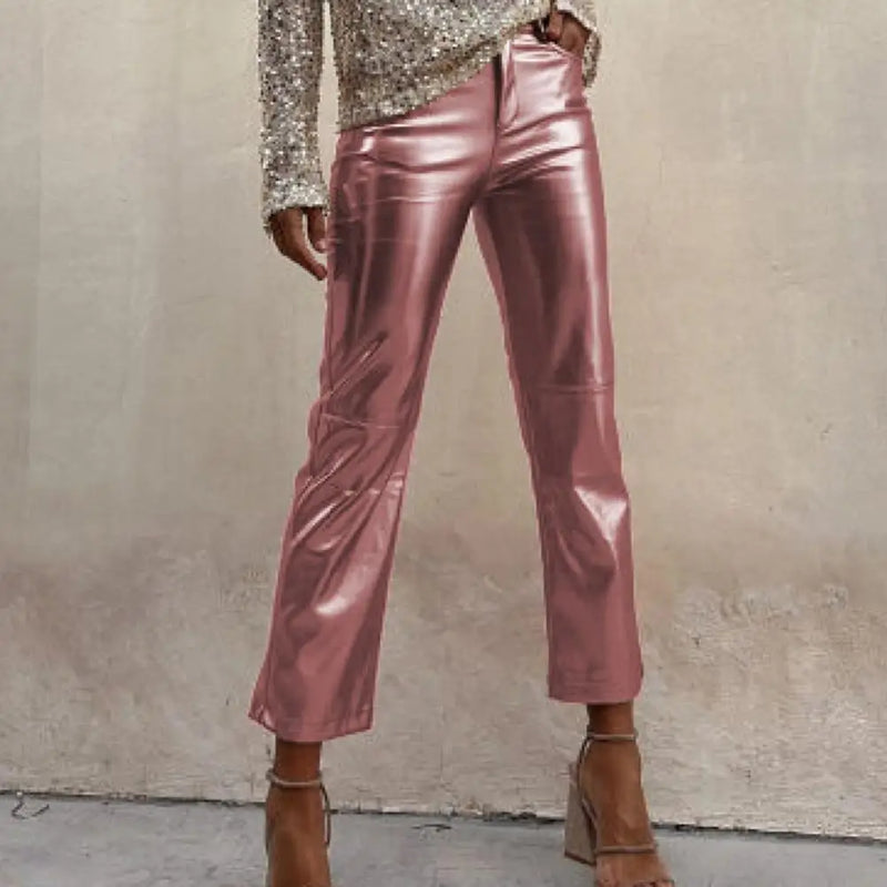 Women Metallic Straight-Leg PU Pants Faux Leather Mid Waist Zipper Breathable Club Party Lady Ninth Pants pantalones de mujer