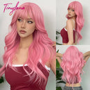 Burgundy Dark Red Synthetic Wigs Long Wavy Wine Red Cosplay Wig with Bangs for Women Natural Body Wave Halloween Heat Resistant