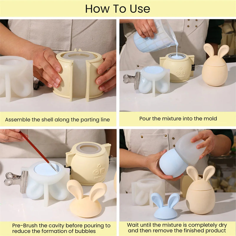 Nicole Candle Jar Silicone Molds for Concrete DIY Hoppy Bunny - Eared Easter Egg Storage Vessel Cement Mould Easter Gift Tools