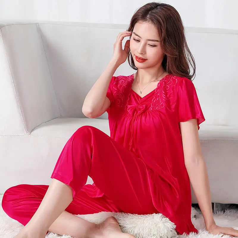 Women Home Clothes Big Nightshirt Shorts Summer Satin Silk Trousers Suit Women Middle-aged Lace Large 5XL Pajamas Bedroom Set