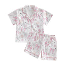Girls Cute Floral Print Pajama Set with V-Neck Button Down Top and Matching Shorts for Summer Loungewear - 2 Piece Set