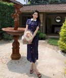 The Nocturne | Navy Lace Patchwork Retro Midi Dress