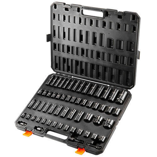 SucceBuy 3/8"&1/2" Drive Impact Socket Set 59 PCS Socket Set SAE 5/16" to 1-1/4" and Metric 6-32mm 6 Point Cr-Mo Alloy Steel Set