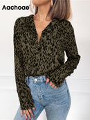 Aachoae Women Blouses Autumn Leopard Blouse Long Sleeve Turn Down Collar Lady Office Shirt Loose Tops Blusas Chemisier