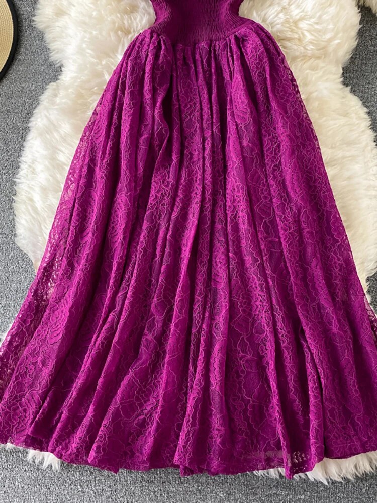 Vintage Purple/Green/Red Lace Midi Dress Women Sweet Round Neck Ruffle Vestidos Female High Waist Slim Robe Spring Autumn 2021