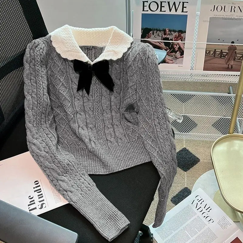 Design Bowknot Grey Fried Dough Twists Sweater Women's Autumn and Winter New College Style Knit Backing Shirt