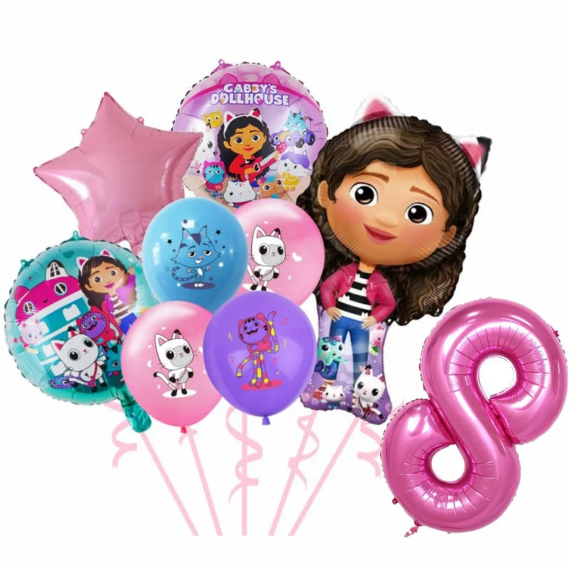 New Gabby Dollhouse Cats Birthday Party Decoration Balloon Pink Cartoon Tableware Backdrop Baby Shower Kids Girls Party Supplies