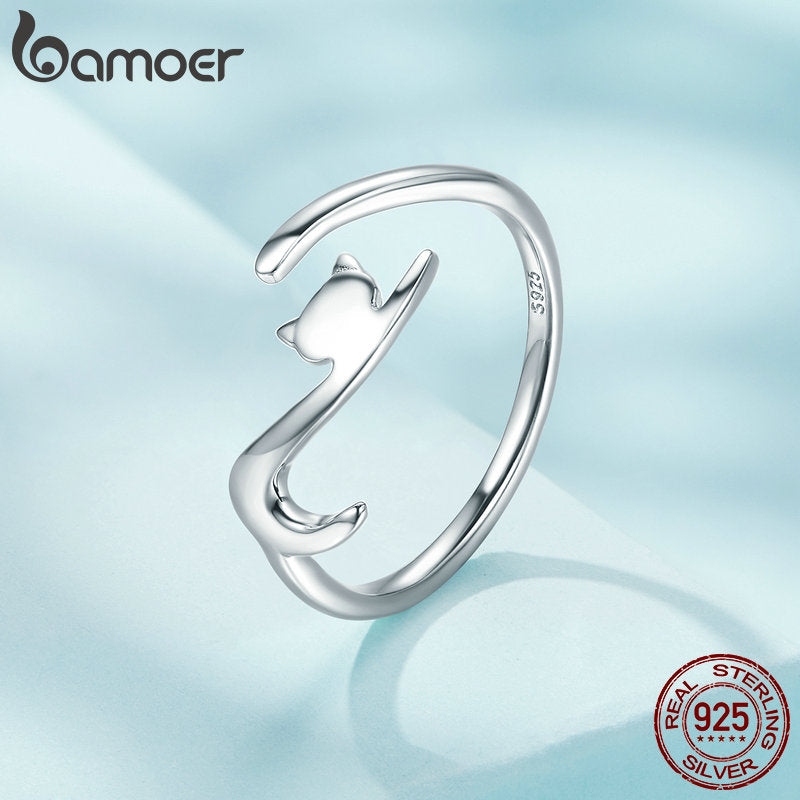 BAMOER 100% 925 Sterling Silver Sticky Cat with Long Tail Finger Ring Women Ring Adjustable Engagement Ring Jewelry SCR220