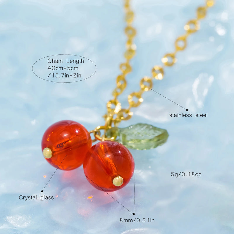 Elegant Red Cherry Bead Pendant Necklace for Women Exquisite 18K Gold Color Plated Stainless Steel Chain Jewelry Gifts